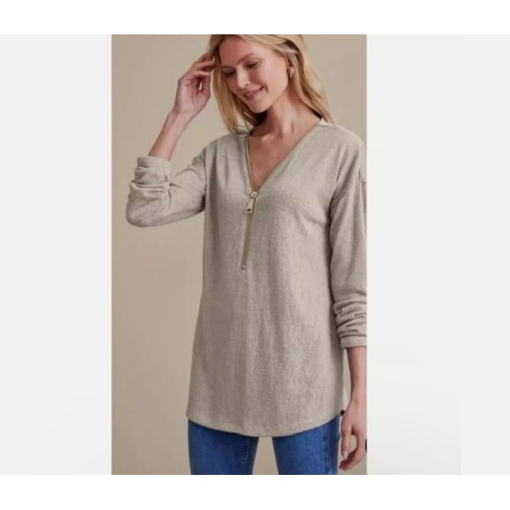 Soft Surroundings Valentina Zip Sweater Womens Sz L Beige Pullover Lightweight